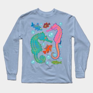 Seahorses and Fish Swimming in an Ocean of Bubbles Long Sleeve T-Shirt